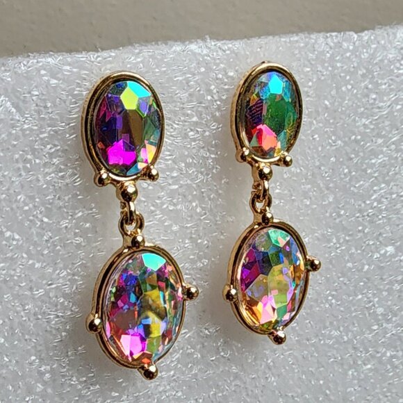 NWOT Etsy Iridescent Crystal Beaded Gold Tone Pierced Drop Dangle Earrings - Picture 8 of 15